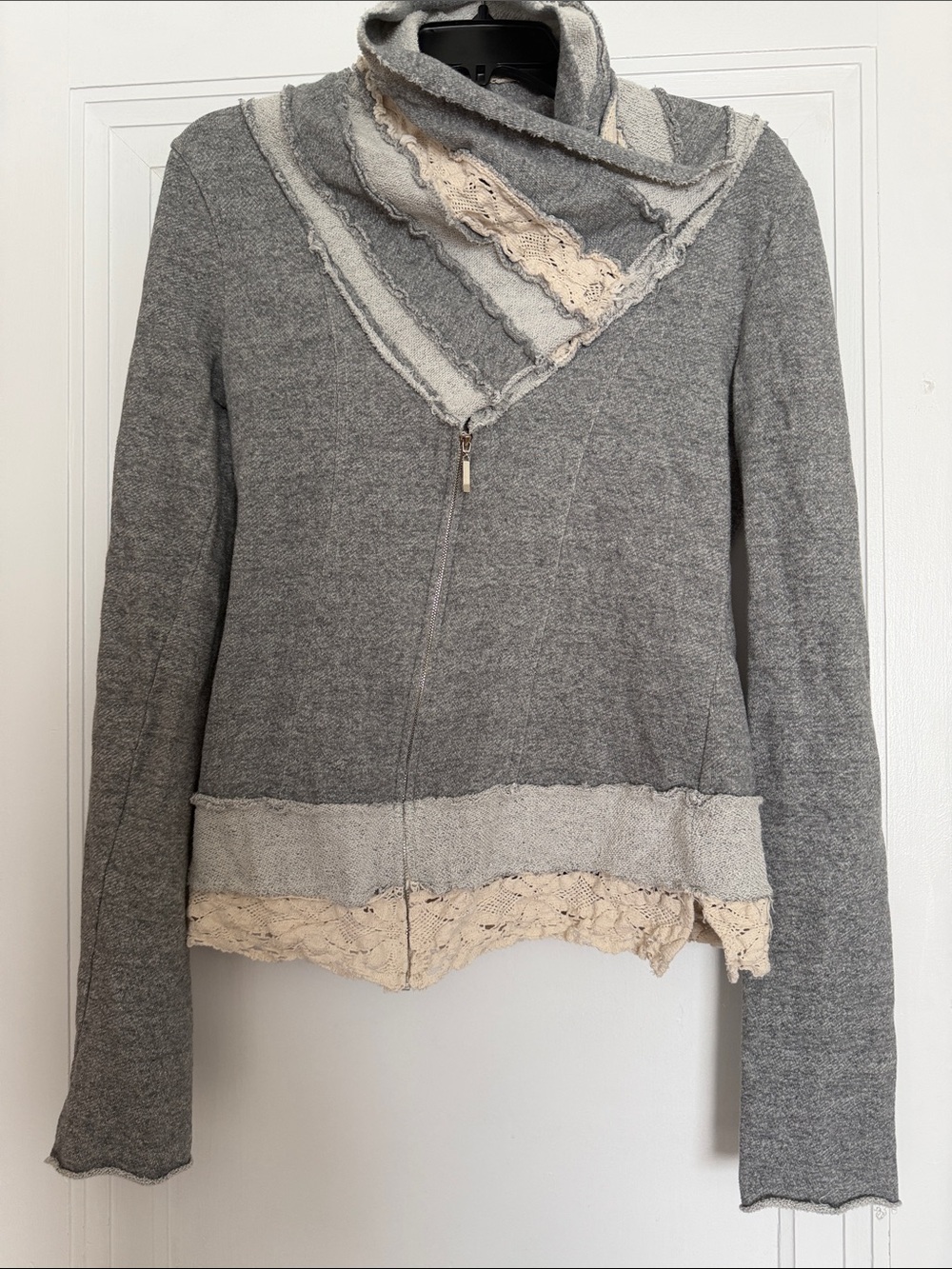 Gimmicks by BKE Gray Asymmetrical Zip Cowl Sweater with Cream Lace Trim